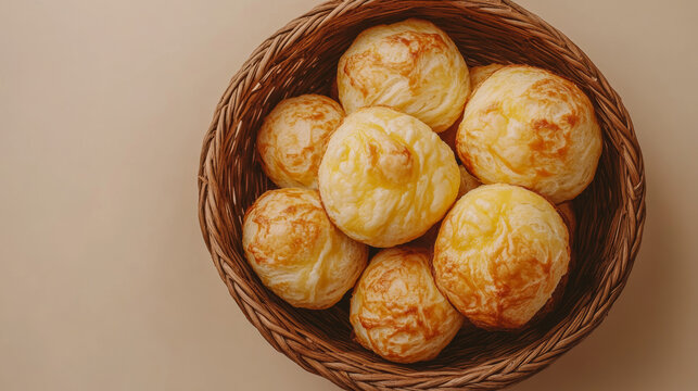Aerial shot of Brazilian cheese bread served in a wooden basket with a beige backdrop