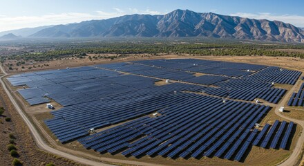 Solar Power Farm in Mountainous Landscape - Vast solar farm generating clean energy