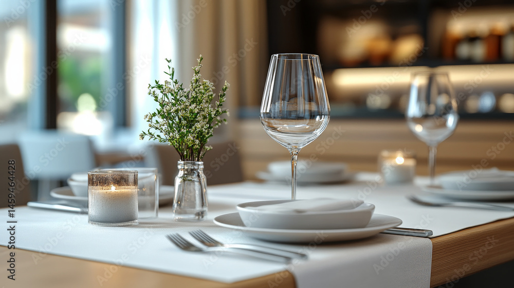 Fototapete alternate rendering of white table runner and dishware mockup in a dining setting