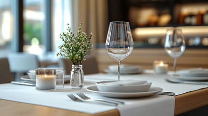 Alternate rendering of white table runner and dishware mockup in a dining setting
