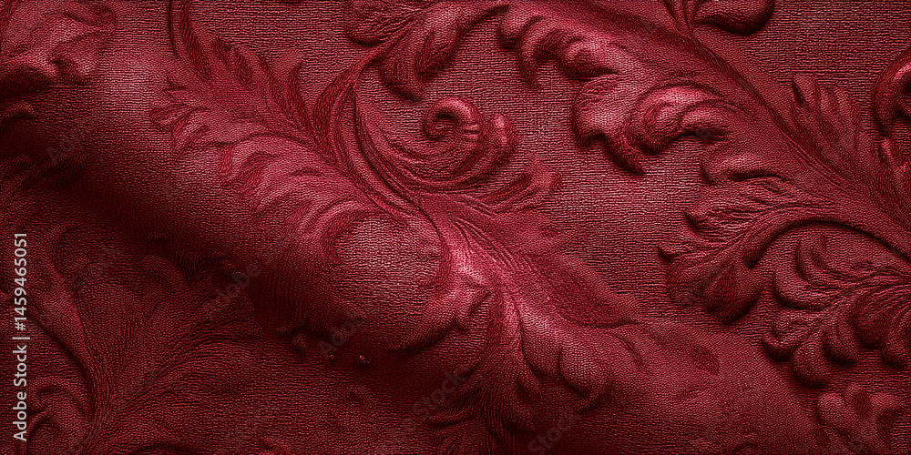 Aufkleber Dark red textured fabric with embossed floral pattern, creating a rich and luxurious appearance, ideal for background or design element