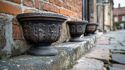 Naklejka premium Antique iron doorstops positioned near the entrance of a historic 1930 building