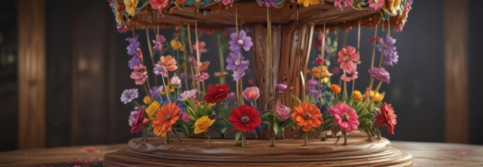 Fototapeta premium Vibrant floral carousel, wooden base Spinning blooms , plant, spring