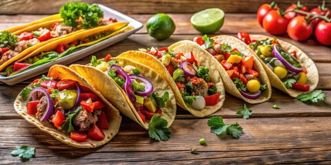 Colorful array of traditional Mexican tacos on a rustic wooden table, dish, plate,  dish, plate