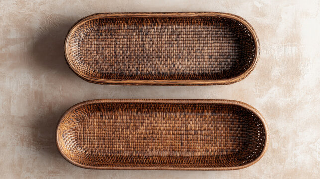 Artisanal rattan tray and basket set photographed from above on a neutral surface