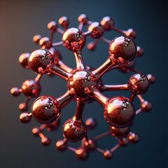 3D model of a molecule with red spheres representing atoms and silver rods as bonds on dark blue background