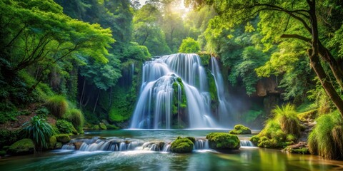 Fototapeta premium Waterfall cascade through dense forest foliage, natural beauty