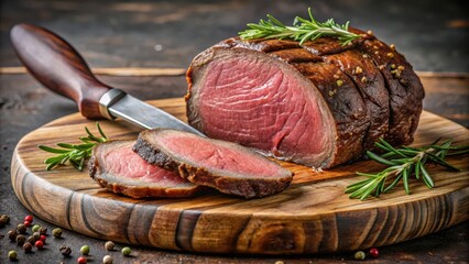 A juicy slice of eye round roasted beef being sliced by a sharp knife on a cutting board, revealing its tender interior and rich flavor profile , high-quality image, meat slicing