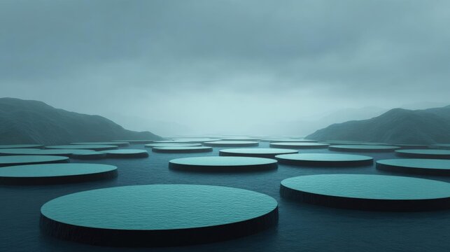 Vast body of water with multiple circular structures floating on its surface. the structures are arranged in a grid-like pattern, with each structure having a unique shape and size.