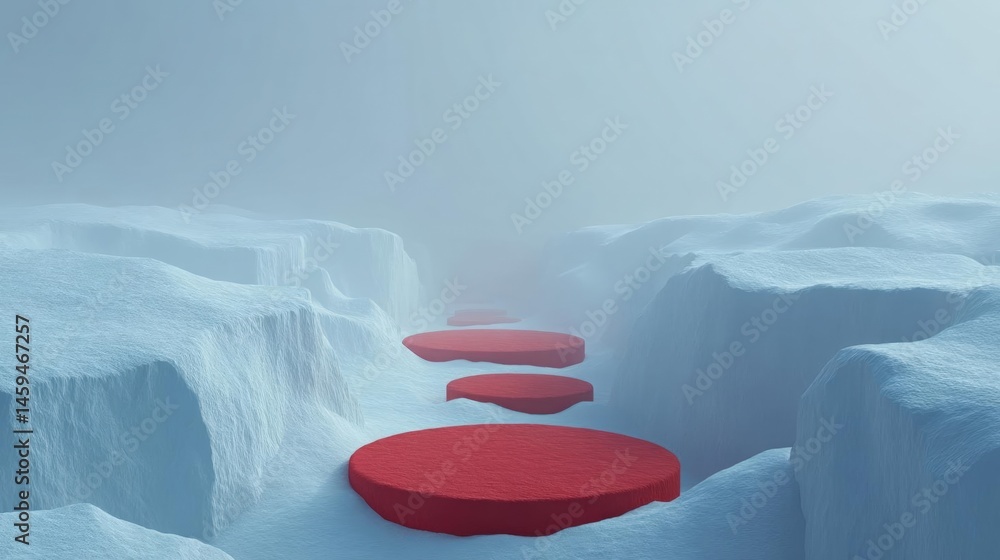 Poster 3d rendering of a snowy landscape with three red circular structures in the center. the structures a