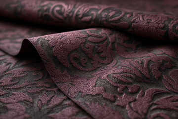 Close-up of dark-red fabric texture with embossed floral pattern, showcasing a luxurious and elegant appearance, ideal for design projects or textile presentations