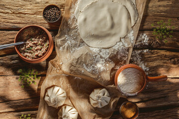 Freshly made uncooked handmade khinkali, the traditional Georgian dumplings, in bright sunlight, showcasing fresh ingredients and the art of cooking in action.