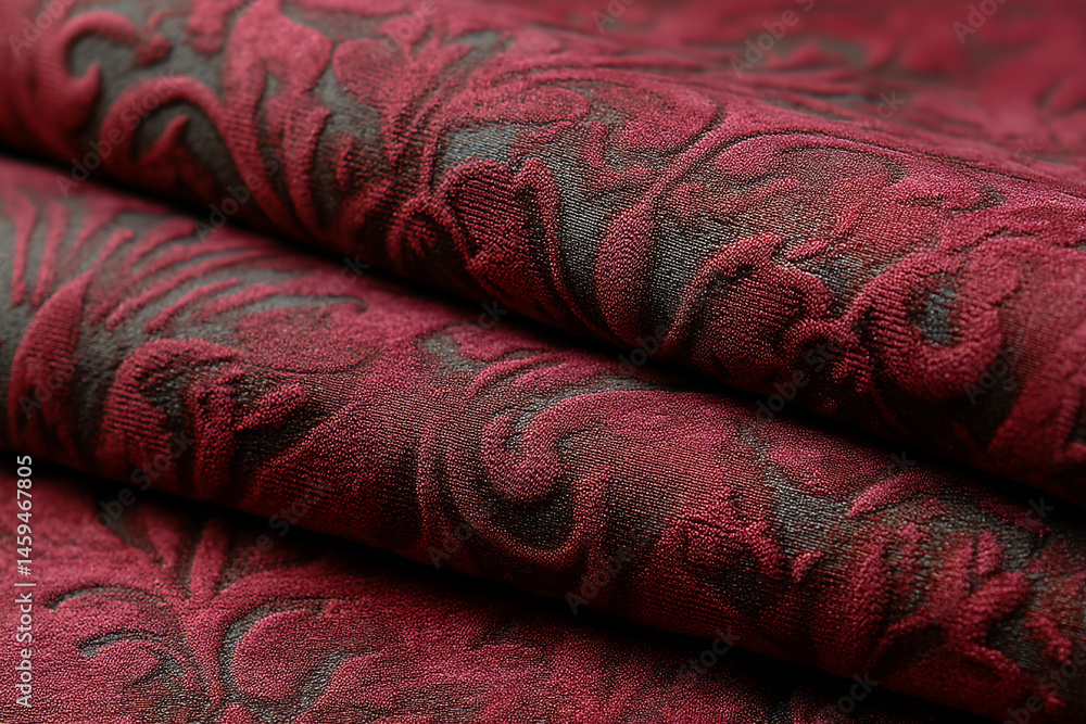 Poster close-up of dark red fabric texture with embossed floral pattern, showcasing rich detail and luxurio