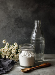 Glass jar filled with white powder, wooden spoon, clear bottle, and fresh flowers create serene kitchen scene