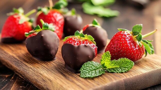 Chocolate covered strawberries with mint
