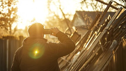 Man capturing images of collapsed fence during sunset in backyard
