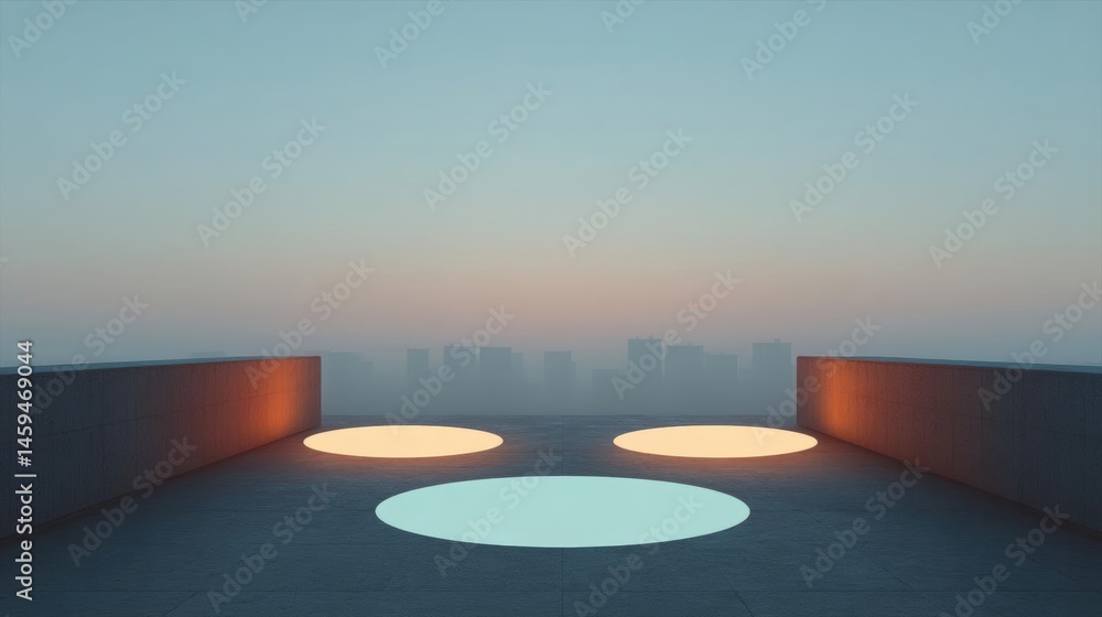 Poster rooftop terrace with three circular lights arranged in a circular pattern. the terrace is made of co