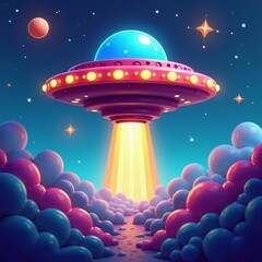 UFO in vibrant space scene with glowing orbs