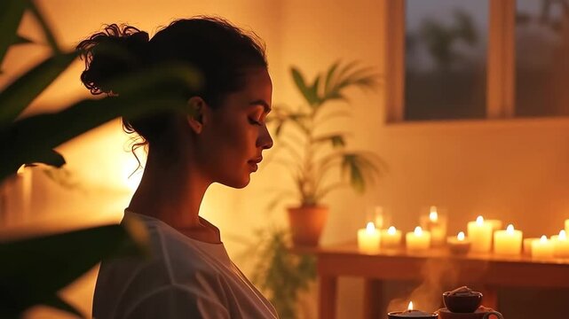 Massage therapist creates a calming atmosphere with candlelight and soothing decor in a tranquil treatment room