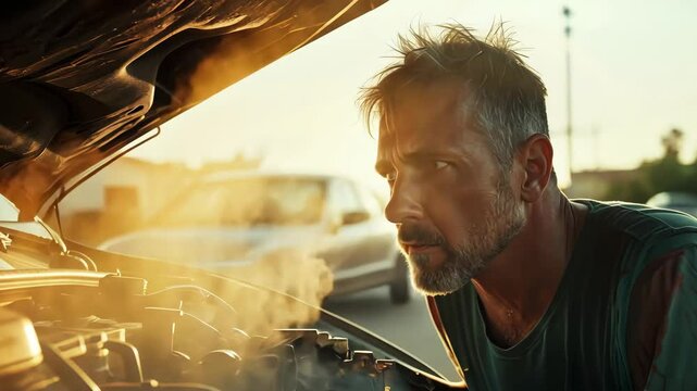 Mechanic inspects smoking engine on roadside under warm sunlight while cars pass by in background