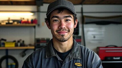 Mechanic stands confidently in garage showcasing skills and passion for automotive repairs