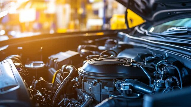 Mechanic working diligently under a car hood in an auto shop during bright daylight hours