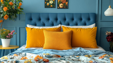 Bed styled with yellow cushions, floral throw blanket, and a blue headboard for a colorful interior