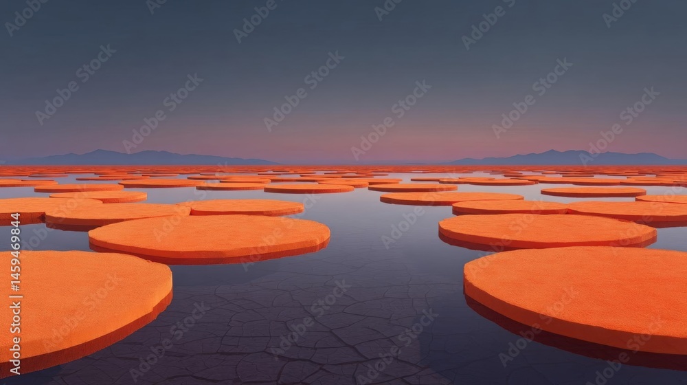 Poster vast expanse of orange-colored water with circular structures floating on the surface. the water app