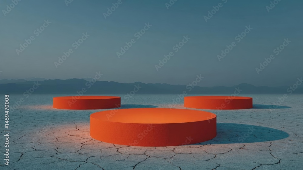 Poster three orange circular structures arranged in a triangular formation on a barren landscape. the struc