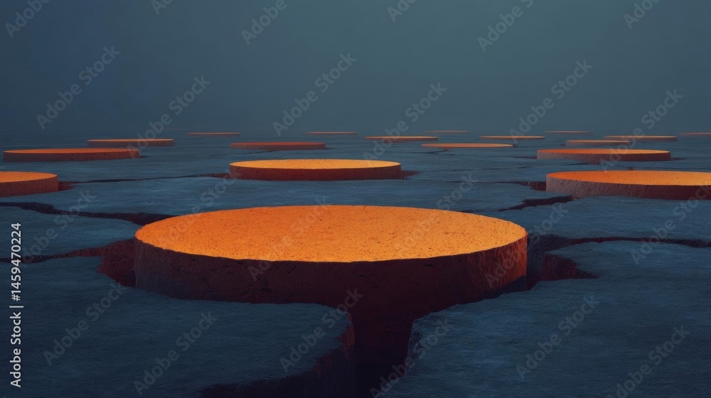 Poster vast expanse of water with multiple circular structures scattered across it. the structures appear t