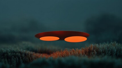 Digital illustration of a ufo flying over a field of tall grass. the ufo is in the center of the image, with two orange circles on either side.
