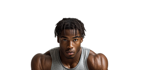 Focused Male Athlete In Gray Tank Top. Strength And Determination In Fitness Training Isolated On Transparent Background