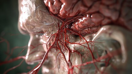Anatomical illustration showcasing a human head with exposed brain and intricate network of blood vessels.