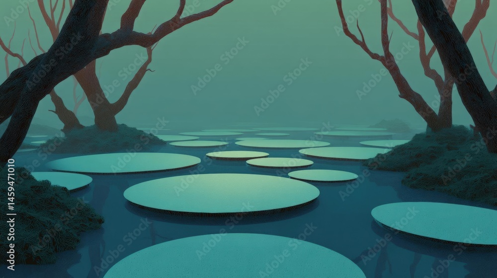 Poster digital illustration of a swampy area with multiple circular lily pads floating on the surface of th