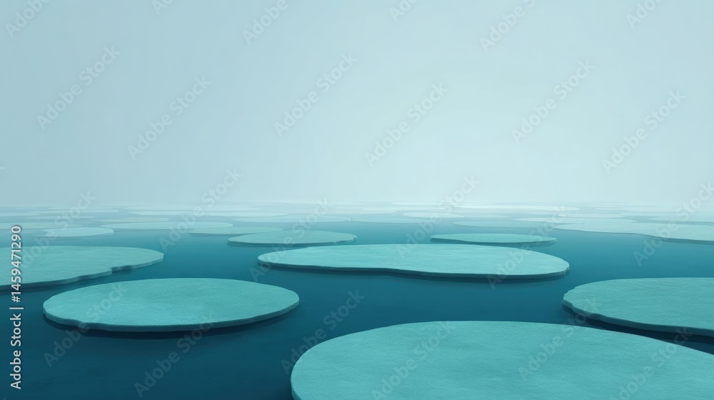 Poster vast body of water with multiple circular lily pads floating on the surface. the water is a deep blu