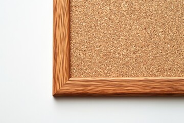 Corner of a cork bulletin board with a light brown wooden frame
