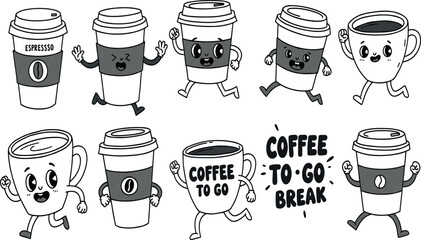 Cartoon coffee character. Comic vintage style coffee to go poster. Retro concept with breakfast drinks in cup for cafe. Walking mascot cappuccino take away