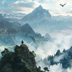 Travelers exploring stunning mountain landscapes under a vast sky with birds soaring above, depicting the thrill of adventure in nature