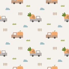 Pickup truck pumpkin and carrot cartoon so cute. On fence cloud grass background. Pattern seamless vector illustration.  