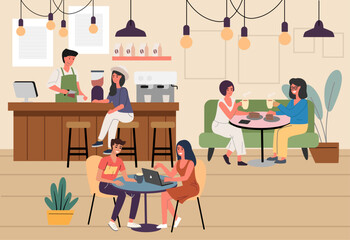 people work cafe barista working freelancer drinking coffee computer coworking space modern community concept working people indoor bar interior illustration