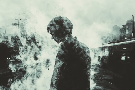 Una figura solitaria de pie en una calle devastada, con edificios en ruinas y humo en el fondo, creando una atm&oacute;sfera inquietante y desolada.