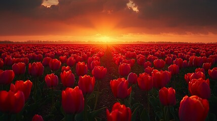 Red tulips field at sunset