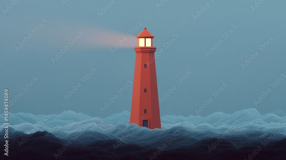 Aufkleber digital illustration of a red lighthouse standing tall in the middle of a vast ocean. the lighthouse