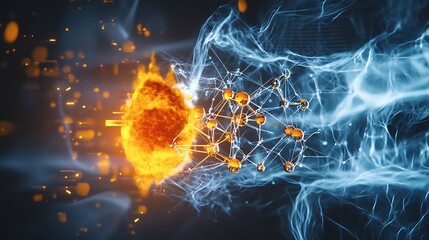 Celestial Fusion: An artistic representation of opposing forces - fire and ice - in a mesmerizing display of digital art, with intricate details of molecular structures.