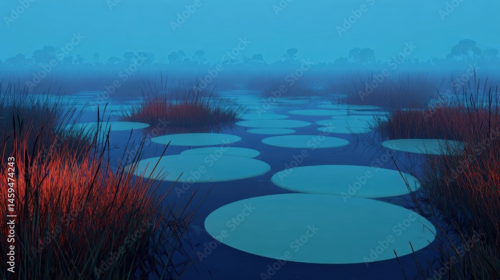 Aufkleber landscape photograph of a pond with multiple circular lily pads floating on the surface of the water