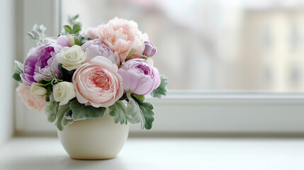 Pink peonies and roses in a ceramic vase, soft pastel background - Elegant floral harmony in gentle light