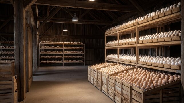 Dimly Lit Sorting Room Inside an Old Barn Filled with Wooden Crates and Eggs