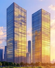 Fototapeta premium Two gleaming glass skyscrapers at sunset, reflecting the sky