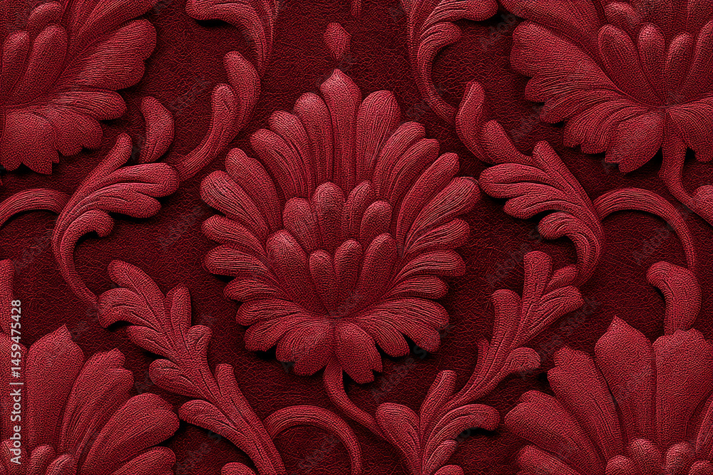 Poster embossed red floral pattern on textured background, creating a rich, luxurious feel ideal for elegan