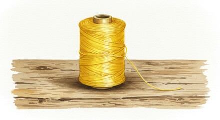 Watercolor Illustration of Yellow Thread Spool on Wood - A watercolor painting of a yellow thread spool on weathered wood, symbolizing craftsmanship, creation, patience, connection, and new beginnings